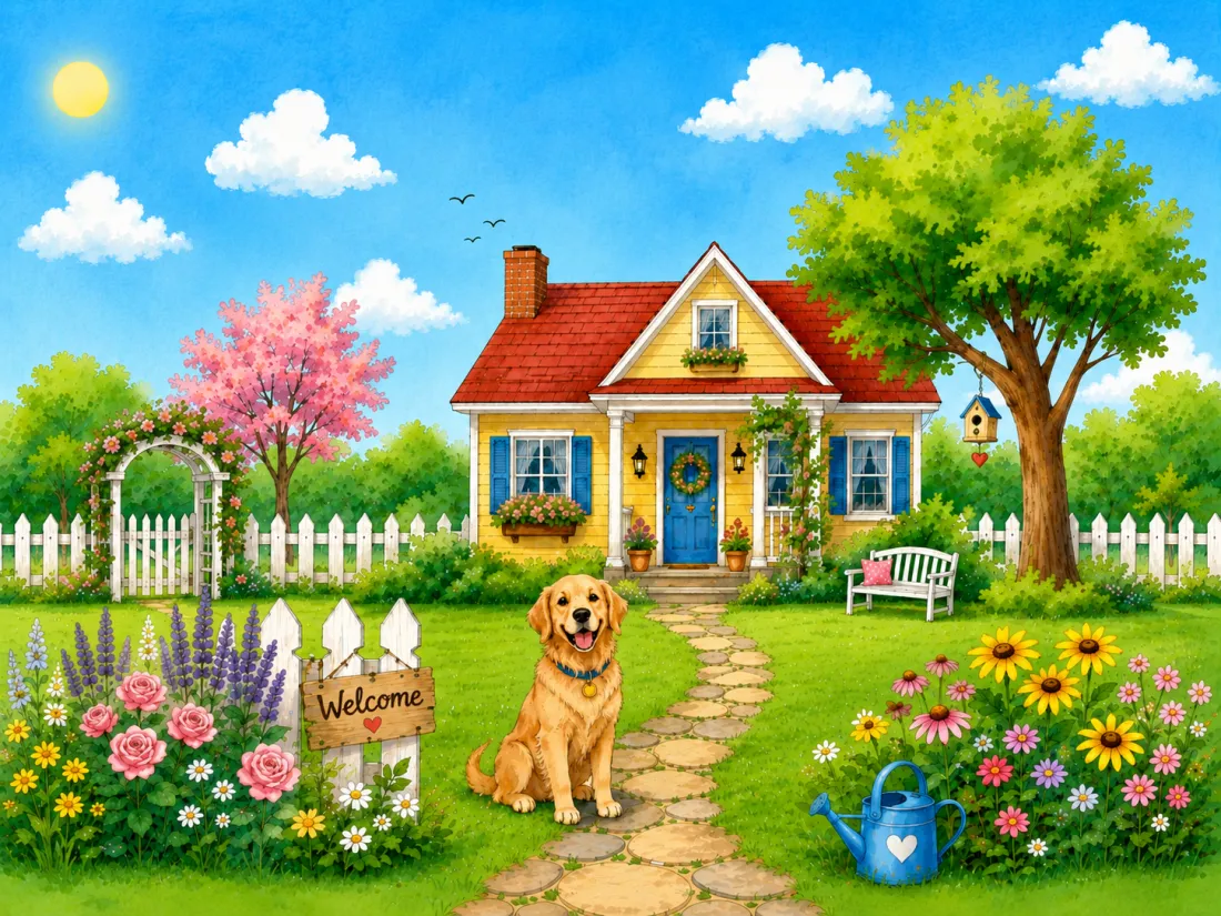 A watercolour cottage with a golden retriever waiting on the garden path